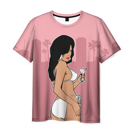 Мужская футболка 3D с принтом GTA VC - Девушка с мартини в Тюмени, 100% полиэфир | прямой крой, круглый вырез горловины, длина до линии бедер | grand theft auto | gta | rockstar games | vc | vice city | вайс сити | гта