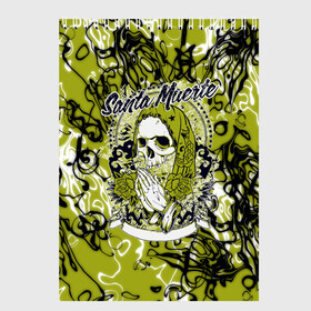 Скетчбук с принтом Santa Muerte в Тюмени, 100% бумага
 | 48 листов, плотность листов — 100 г/м2, плотность картонной обложки — 250 г/м2. Листы скреплены сверху удобной пружинной спиралью | ангел | демон | дьявол | кости | монстр | призрак | святая | традиция | череп | яркие
