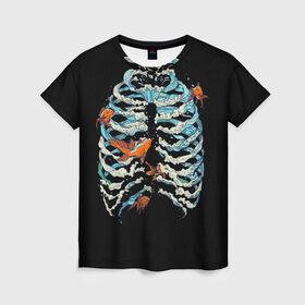 Женская футболка 3D с принтом Ребра из Воды в Тюмени, 100% полиэфир ( синтетическое хлопкоподобное полотно) | прямой крой, круглый вырез горловины, длина до линии бедер | анатомия | вода | океан | рыбы | скелет