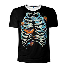 Мужская футболка 3D спортивная с принтом Ребра из Воды в Тюмени, 100% полиэстер с улучшенными характеристиками | приталенный силуэт, круглая горловина, широкие плечи, сужается к линии бедра | Тематика изображения на принте: анатомия | вода | океан | рыбы | скелет