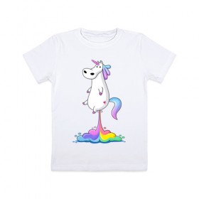 Детская футболка хлопок с принтом Единорог радуга в Тюмени, 100% хлопок | круглый вырез горловины, полуприлегающий силуэт, длина до линии бедер | Тематика изображения на принте: rainbow | unicorn | радужный
