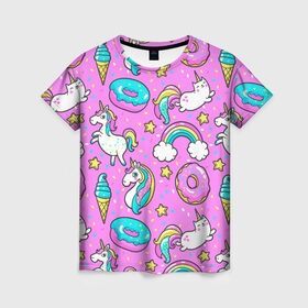 Женская футболка 3D с принтом Котики и Единороги в Тюмени, 100% полиэфир ( синтетическое хлопкоподобное полотно) | прямой крой, круглый вырез горловины, длина до линии бедер | единорог | мороженое | пони | пончики | радуга | розовый