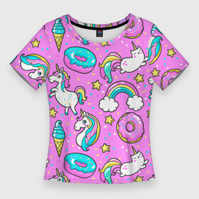 Женская футболка 3D Slim с принтом Котики и Единороги в Тюмени,  |  | единорог | мороженое | пони | пончики | радуга | розовый