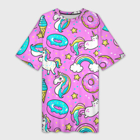 Платье-футболка 3D с принтом Котики и Единороги в Тюмени,  |  | единорог | мороженое | пони | пончики | радуга | розовый