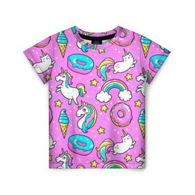 Детская футболка 3D с принтом Котики и Единороги в Тюмени, 100% гипоаллергенный полиэфир | прямой крой, круглый вырез горловины, длина до линии бедер, чуть спущенное плечо, ткань немного тянется | Тематика изображения на принте: единорог | мороженое | пони | пончики | радуга | розовый