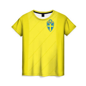 Женская футболка 3D с принтом Швеция домашняя форма ЧМ 2018 в Тюмени, 100% полиэфир ( синтетическое хлопкоподобное полотно) | прямой крой, круглый вырез горловины, длина до линии бедер | домашняя форма | сборная швеции | футбол | футбольная форма | швеция