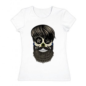 Женская футболка хлопок с принтом Сахарный череп с бородой в Тюмени, 100% хлопок | прямой крой, круглый вырез горловины, длина до линии бедер, слегка спущенное плечо | бородатый | день мертвых | сахарный череп | хелловин | хипстер