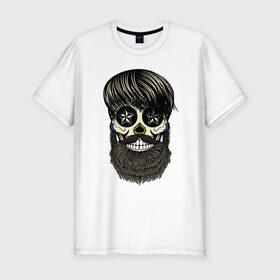 Мужская футболка премиум с принтом Сахарный череп с бородой в Тюмени, 92% хлопок, 8% лайкра | приталенный силуэт, круглый вырез ворота, длина до линии бедра, короткий рукав | бородатый | день мертвых | сахарный череп | хелловин | хипстер
