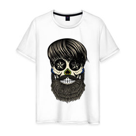 Мужская футболка хлопок с принтом Сахарный череп с бородой в Тюмени, 100% хлопок | прямой крой, круглый вырез горловины, длина до линии бедер, слегка спущенное плечо. | бородатый | день мертвых | сахарный череп | хелловин | хипстер
