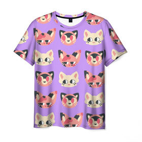 Мужская футболка 3D с принтом Cat and Panda в Тюмени, 100% полиэфир | прямой крой, круглый вырез горловины, длина до линии бедер | Тематика изображения на принте: animal | cat | cute | kitty | meow | pattern | pet | животное | кот | котенок | котики | мяу | паттерн