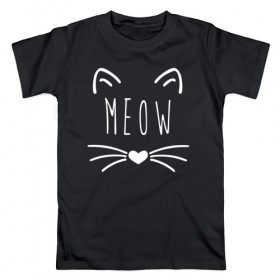 Мужская футболка хлопок с принтом Мяу в Тюмени, 100% хлопок | прямой крой, круглый вырез горловины, длина до линии бедер, слегка спущенное плечо. | Тематика изображения на принте: animal | cat | cute | heart | kitty | meow | pet | животное | кот | котенок | котики | мяу | сердце