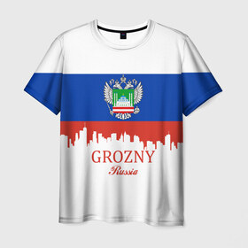 Мужская футболка 3D с принтом GROZNY (Грозный) в Тюмени, 100% полиэфир | прямой крой, круглый вырез горловины, длина до линии бедер | chechnya | grozny | герб | город | грозный | кавказ | кавказец | кадыров | надпись | патриот | республика | северный | флаг | флага | цвета | чех | чечен | чеченец | чеченка | чеченская | чечня