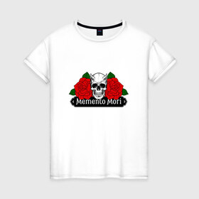 Женская футболка хлопок с принтом Memento mori / Помни о смерти в Тюмени, 100% хлопок | прямой крой, круглый вырез горловины, длина до линии бедер, слегка спущенное плечо | rock | roses | skull | розы | череп