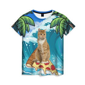 Женская футболка 3D с принтом Сёрфинг на Пицце в Тюмени, 100% полиэфир ( синтетическое хлопкоподобное полотно) | прямой крой, круглый вырез горловины, длина до линии бедер | cat | palm | pizza | surfing | wave | волна | животное | кот | пальмы | пицца | серфинг