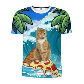 Мужская футболка 3D спортивная с принтом Сёрфинг на Пицце в Тюмени, 100% полиэстер с улучшенными характеристиками | приталенный силуэт, круглая горловина, широкие плечи, сужается к линии бедра | cat | palm | pizza | surfing | wave | волна | животное | кот | пальмы | пицца | серфинг
