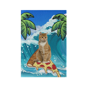 Обложка для паспорта матовая кожа с принтом Сёрфинг на Пицце в Тюмени, натуральная матовая кожа | размер 19,3 х 13,7 см; прозрачные пластиковые крепления | cat | palm | pizza | surfing | wave | волна | животное | кот | пальмы | пицца | серфинг