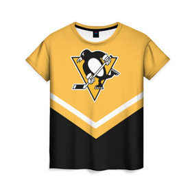 Женская футболка 3D с принтом Pittsburgh Penguins (Форма 1) в Тюмени, 100% полиэфир ( синтетическое хлопкоподобное полотно) | прямой крой, круглый вырез горловины, длина до линии бедер | питтсбург пингвинз