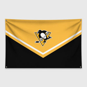 Флаг-баннер с принтом Pittsburgh Penguins (Форма 1) в Тюмени, 100% полиэстер | размер 67 х 109 см, плотность ткани — 95 г/м2; по краям флага есть четыре люверса для крепления | Тематика изображения на принте: питтсбург пингвинз