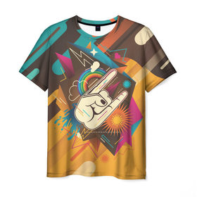 Мужская футболка 3D с принтом Распальцовка music в Тюмени, 100% полиэфир | прямой крой, круглый вырез горловины, длина до линии бедер | 70 е | 80 е | вода | горы | жест | звезда | коза | молния | музыка | облака | панк | подкова | радуга | ретро | рога | рок | салют | сердце | ссср