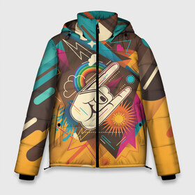 Мужская зимняя куртка 3D с принтом Распальцовка music в Тюмени, верх — 100% полиэстер; подкладка — 100% полиэстер; утеплитель — 100% полиэстер | длина ниже бедра, свободный силуэт Оверсайз. Есть воротник-стойка, отстегивающийся капюшон и ветрозащитная планка. 

Боковые карманы с листочкой на кнопках и внутренний карман на молнии. | Тематика изображения на принте: 70 е | 80 е | вода | горы | жест | звезда | коза | молния | музыка | облака | панк | подкова | радуга | ретро | рога | рок | салют | сердце | ссср