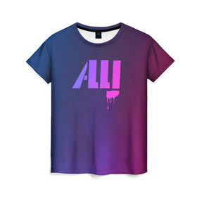 Женская футболка 3D с принтом ALLJ в Тюмени, 100% полиэфир ( синтетическое хлопкоподобное полотно) | прямой крой, круглый вырез горловины, длина до линии бедер | allj | music | pop | purple | rap | градиент | клубная музыка. | космос | минимал | музыка | поп | розовое вино | рэп | сузуки | фиолетовый | элджей
