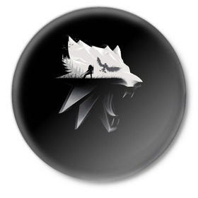 Значок с принтом Волк в Тюмени,  металл | круглая форма, металлическая застежка в виде булавки | gerald | wild hunt | witcher | wolf | ведьмак | волк | дикая охота