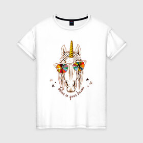 Женская футболка хлопок с принтом Единорог в очках в Тюмени, 100% хлопок | прямой крой, круглый вырез горловины, длина до линии бедер, слегка спущенное плечо | в очках | единорог | конь | лошадь | очки