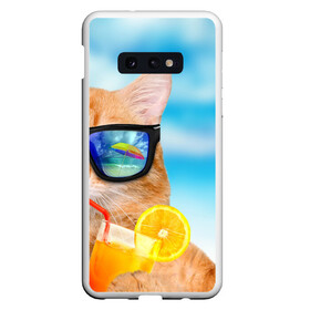 Чехол для Samsung S10E с принтом КОТ НА ПЛЯЖЕ в Тюмени, Силикон | Область печати: задняя сторона чехла, без боковых панелей | summer | апельсиновый сок | кот | кот на пляже | коте | котик | котэ | котяра | лето | море | небо | отдых | очки | пляже