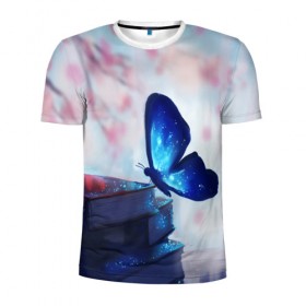 Мужская футболка 3D спортивная с принтом Волшебная бабочка в Тюмени, 100% полиэстер с улучшенными характеристиками | приталенный силуэт, круглая горловина, широкие плечи, сужается к линии бедра | бабочка | волшебная бабочка | голубая бабочка | книги | насекомая | насекомое | пыльца | синея бабочка