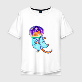 Мужская футболка хлопок Oversize с принтом Кот и космос в Тюмени, 100% хлопок | свободный крой, круглый ворот, “спинка” длиннее передней части | звезды | космонавт | космос | кот