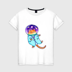 Женская футболка хлопок с принтом Кот и космос в Тюмени, 100% хлопок | прямой крой, круглый вырез горловины, длина до линии бедер, слегка спущенное плечо | звезды | космонавт | космос | кот