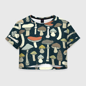 Женская футболка 3D укороченная с принтом Загадочный лес в Тюмени, 100% полиэстер | круглая горловина, длина футболки до линии талии, рукава с отворотами | грибы | паттерн