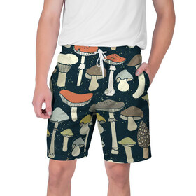 Мужские шорты 3D с принтом Загадочный лес в Тюмени,  полиэстер 100% | прямой крой, два кармана без застежек по бокам. Мягкая трикотажная резинка на поясе, внутри которой широкие завязки. Длина чуть выше колен | грибы | паттерн