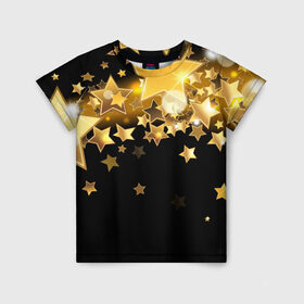 Детская футболка 3D с принтом Золотые звездочки в Тюмени, 100% гипоаллергенный полиэфир | прямой крой, круглый вырез горловины, длина до линии бедер, чуть спущенное плечо, ткань немного тянется | Тематика изображения на принте: 3d | звездочки | звезды | золото | золотые звездочки | картинка | черный фон
