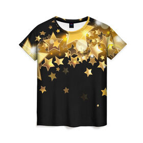 Женская футболка 3D с принтом Золотые звездочки в Тюмени, 100% полиэфир ( синтетическое хлопкоподобное полотно) | прямой крой, круглый вырез горловины, длина до линии бедер | 3d | звездочки | звезды | золото | золотые звездочки | картинка | черный фон