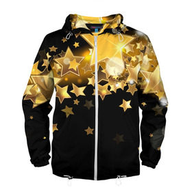 Мужская ветровка 3D с принтом Золотые звездочки в Тюмени, 100% полиэстер | подол и капюшон оформлены резинкой с фиксаторами, два кармана без застежек по бокам, один потайной карман на груди | 3d | звездочки | звезды | золото | золотые звездочки | картинка | черный фон
