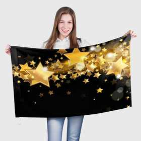 Флаг 3D с принтом Золотые звездочки в Тюмени, 100% полиэстер | плотность ткани — 95 г/м2, размер — 67 х 109 см. Принт наносится с одной стороны | Тематика изображения на принте: 3d | звездочки | звезды | золото | золотые звездочки | картинка | черный фон