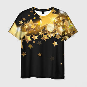 Мужская футболка 3D с принтом Золотые звездочки в Тюмени, 100% полиэфир | прямой крой, круглый вырез горловины, длина до линии бедер | 3d | звездочки | звезды | золото | золотые звездочки | картинка | черный фон