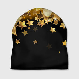 Шапка 3D с принтом Золотые звездочки в Тюмени, 100% полиэстер | универсальный размер, печать по всей поверхности изделия | 3d | звездочки | звезды | золото | золотые звездочки | картинка | черный фон