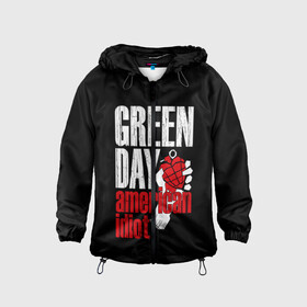 Детская ветровка 3D с принтом Green Day American Idiot в Тюмени, 100% полиэстер | подол и капюшон оформлены резинкой с фиксаторами, по бокам два кармана без застежек, один потайной карман на груди | green day | punk rock | билли джо армстронг | панк рок