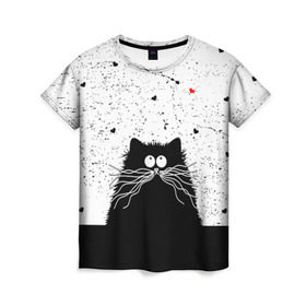 Женская футболка 3D с принтом Котик в Тюмени, 100% полиэфир ( синтетическое хлопкоподобное полотно) | прямой крой, круглый вырез горловины, длина до линии бедер | cats | kitty | кот | котик | сердечки cat | сердце