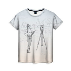 Женская футболка 3D с принтом Девушка с контроллером в Тюмени, 100% полиэфир ( синтетическое хлопкоподобное полотно) | прямой крой, круглый вырез горловины, длина до линии бедер | surveyor | геодезист | геодезия | кадастр