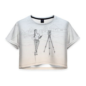 Женская футболка 3D укороченная с принтом Девушка с контроллером в Тюмени, 100% полиэстер | круглая горловина, длина футболки до линии талии, рукава с отворотами | Тематика изображения на принте: surveyor | геодезист | геодезия | кадастр