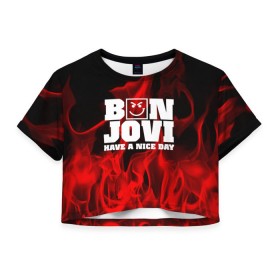 Женская футболка 3D укороченная с принтом BON JOVI в Тюмени, 100% полиэстер | круглая горловина, длина футболки до линии талии, рукава с отворотами | bon jovi | альтернативный хип хоп | группа | инди поп | музыка | музыкальное произведение | ноты | регги | рок | синти поп