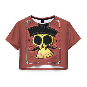Женская футболка 3D укороченная с принтом Dia de los Muertos в Тюмени, 100% полиэстер | круглая горловина, длина футболки до линии талии, рукава с отворотами | череп