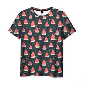 Мужская футболка 3D с принтом Tropical melon dark в Тюмени, 100% полиэфир | прямой крой, круглый вырез горловины, длина до линии бедер | арбуз