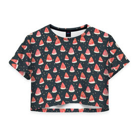 Женская футболка 3D укороченная с принтом Tropical melon dark в Тюмени, 100% полиэстер | круглая горловина, длина футболки до линии талии, рукава с отворотами | арбуз