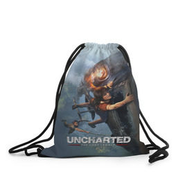 Рюкзак-мешок 3D с принтом Uncharted в Тюмени, 100% полиэстер | плотность ткани — 200 г/м2, размер — 35 х 45 см; лямки — толстые шнурки, застежка на шнуровке, без карманов и подкладки | Тематика изображения на принте: chloe | drake | elena | nathan | naughty dog | sully | анчартед | дрейк | натан | нейтан | ноти дог | пиратs | приключения | путь вора | салли | утраченное наследие