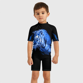 Детский купальный костюм 3D с принтом Синий тигр в Тюмени, Полиэстер 85%, Спандекс 15% | застежка на молнии на спине | tiger | большая кошка | огонь | пламя | тигр | хищник