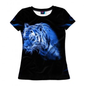 Женская футболка 3D с принтом Синий тигр в Тюмени, 100% полиэфир ( синтетическое хлопкоподобное полотно) | прямой крой, круглый вырез горловины, длина до линии бедер | tiger | большая кошка | огонь | пламя | тигр | хищник